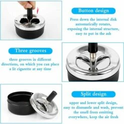 LITZEE Cendrier 3 Pièces Cendrier Rotatif De Table Cendrier Avec Couvercle Nouveauté Cendrier Rotatif Moderne Cendrier à Vent Avec Couvercle 9 X 9,5 Cm Cendrier Chrome (Noir) -Poubelle Boutique 32950302 4