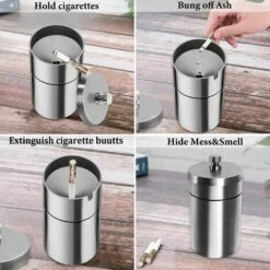 FONTAINEBLEAU Cendrier En Acier Inox Avec Couvercle, Ashtray Outdoor Coupe-vent Et Imperméable Facile à Nettoyer Beau Cendriers Épaissi Anti Odeur Pour Exterieur Auto Balcon Maison Restaurant, Argent, 1pcs，Fonepro -Poubelle Boutique 57764022 4