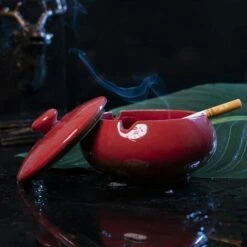 ENLENK Cendrier En Céramique Avec Couvercle, Cendrier Coupe-vent Pour Cigarette Intérieure Ou Extérieure (rouge) -Poubelle Boutique 59039388 2