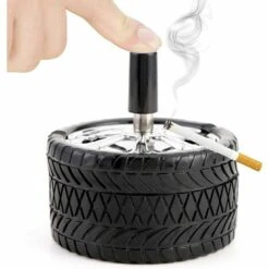 OUSUDELA Cendrier Cendrier En Acier Inoxydable Cendrier Rotatif Métallique Avec Couvercle Coupe Vent Cendrier Moderne Forme De Pneus De Camion Design Pour La Maison Balcon Extérieur Bar Bureau 1 Pcs