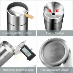 FOZIY Cendrier En Acier Inox Avec Couvercle, Ashtray Outdoor Coupe-vent Et Imperméable Facile à Nettoyer Beau Cendriers Épaissi Anti Odeur Pour Exterieur Auto Balcon Maison Restaurant，Fonepro -Poubelle Boutique 63842037 4