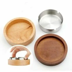 SLBRILLèRE Cendrier Avec Couvercle Acier Inoxydable Bois Cendrier à Cigarettes Portable Antidérapant Avec 3 Fentes -Poubelle Boutique 64242909 2