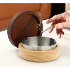 SLBRILLèRE Cendrier Avec Couvercle Acier Inoxydable Bois Cendrier à Cigarettes Portable Antidérapant Avec 3 Fentes -Poubelle Boutique 64242909 3