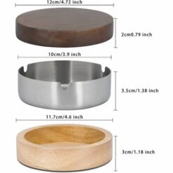 SLBRILLèRE Cendrier Avec Couvercle Acier Inoxydable Bois Cendrier à Cigarettes Portable Antidérapant Avec 3 Fentes -Poubelle Boutique 64242909 4
