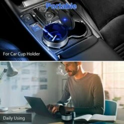 OSQI Cendrier De Voiture Avec Couvercle, Cendrier Extérieur Portable En Acier Inoxydable Sans Fumée, Cendrier à Cigarette Automatique à Lumière LED Pour Bureau à Domicile, Gris -Poubelle Boutique 65506354 2