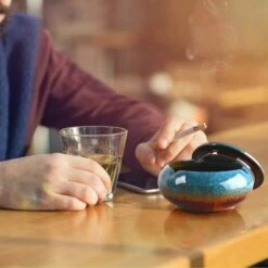 PERLE RARE Cendrier En Céramique Avec Couvercle, Cendrier Coupe-vent Intérieur Et Extérieur (bleu) -Poubelle Boutique 65797396 3