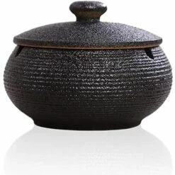 PERLE RARE Cendrier En Céramique Avec Couvercle, Cendrier Coupe-vent Intérieur Et Extérieur (noir)