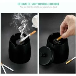 ECHOO Cendrier Avec Couvercle Cigarettes Cendrier Coupe-vent Cendrier Portable Pour IntéRieur Et ExtéRieur Avec Tapis Antidérapant Pour Restaurant Bar Maison Bureau (Noir-Petit) -Poubelle Boutique 66647017 4